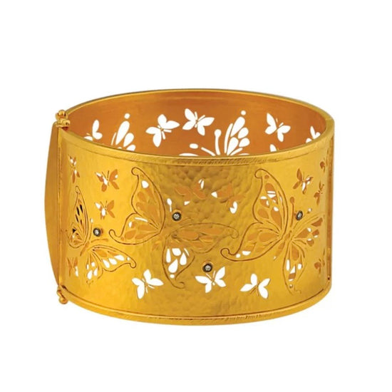 14K Yellow Gold Hammer Bangle with Butterflies