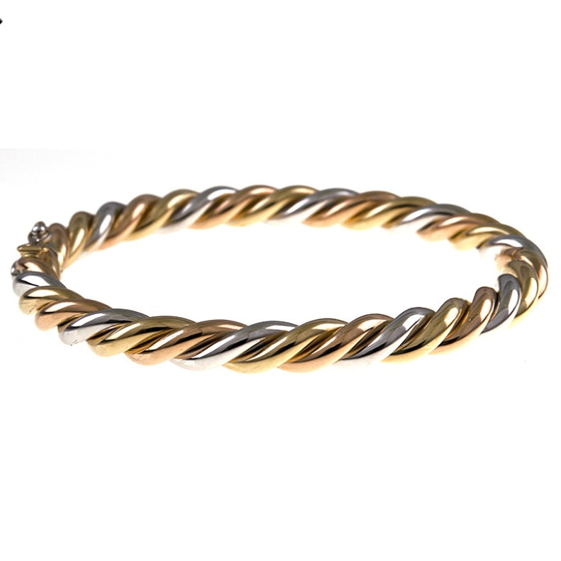 14K Yellow, White, and Rose Gold Spiral Bangle