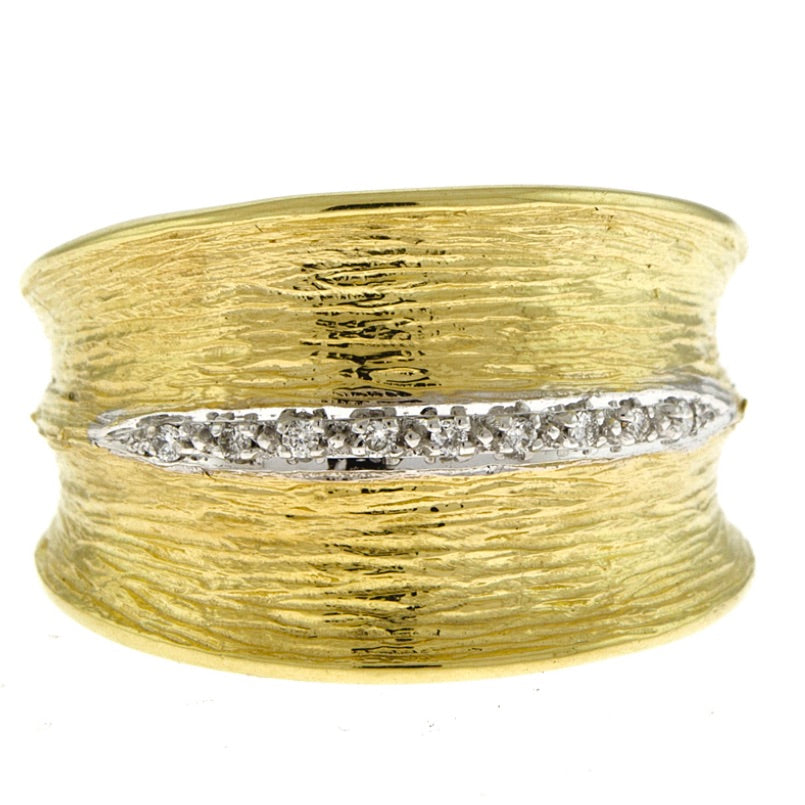14K Yellow Gold Textured Ring with Diamonds