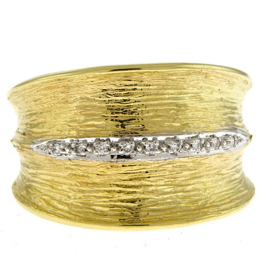 14K Yellow Gold Textured Ring with Diamonds