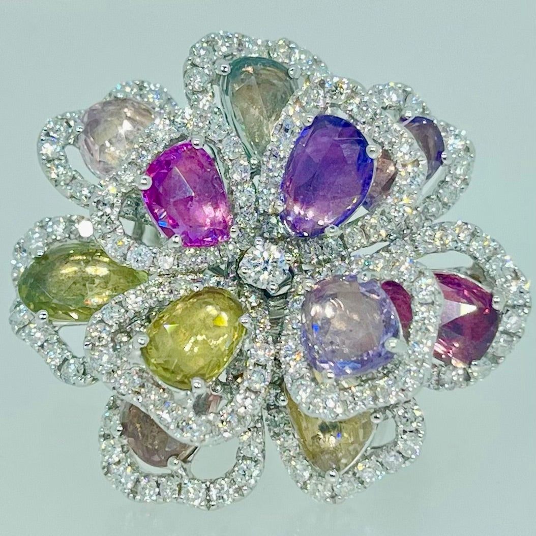 Flower Multi-Color Sapphire and Diamond Ring