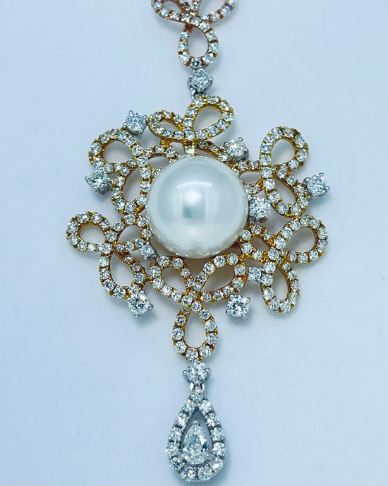 South Sea Pearl with Tri-Color Gold and Diamond Necklace