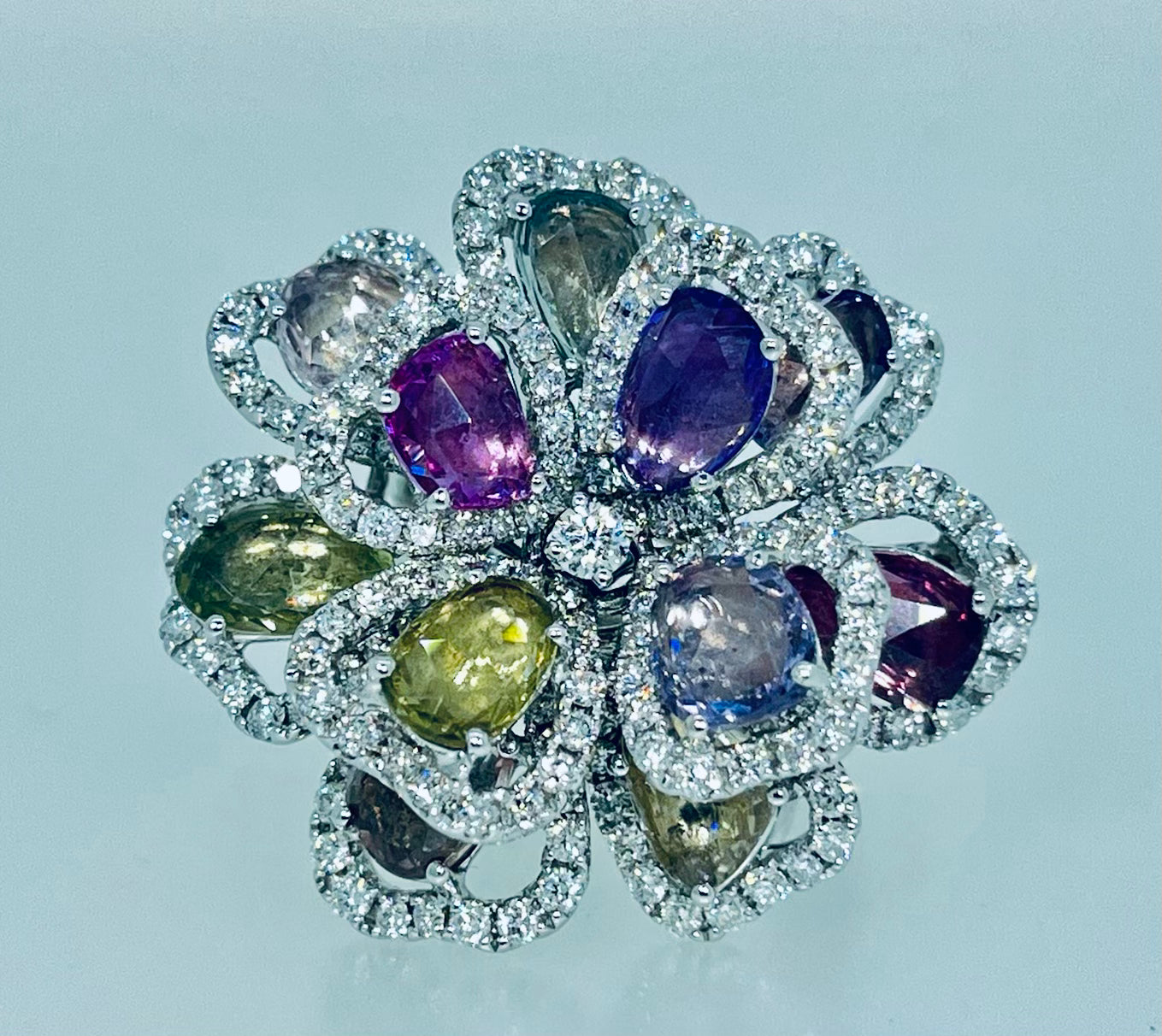 Flower Multi-Color Sapphire and Diamond Ring