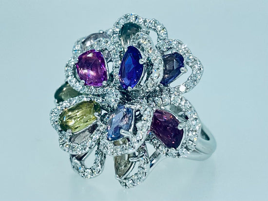 Flower Multi-Color Sapphire and Diamond Ring