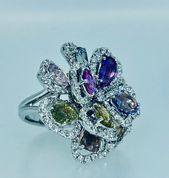 Flower Multi-Color Sapphire and Diamond Ring